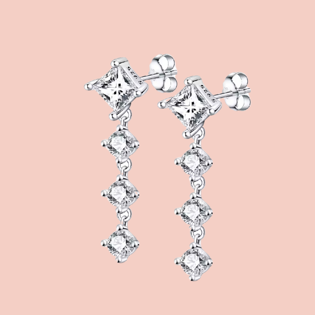 Aretes colgantes con cuatro piedras plata