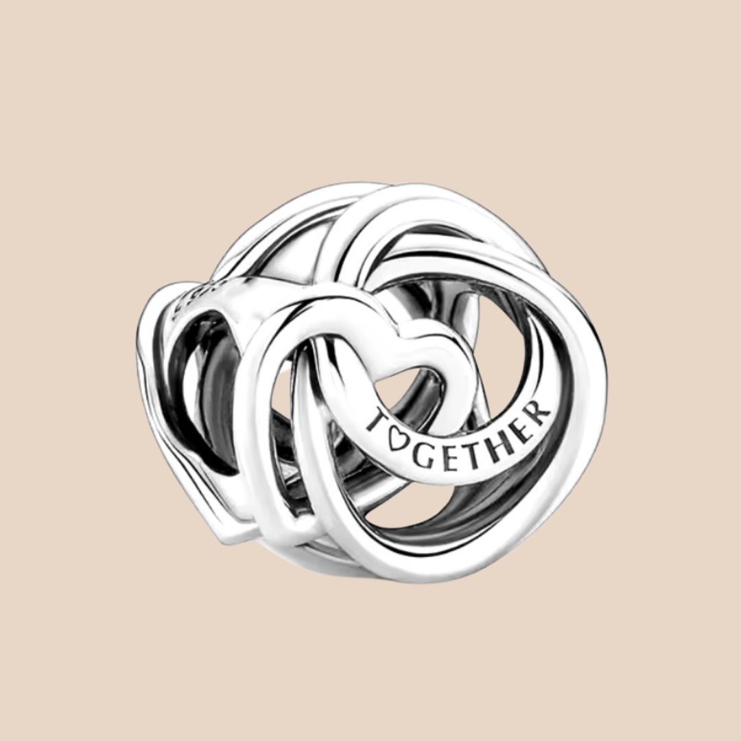 Charm corazón plata enlazado leyenda together