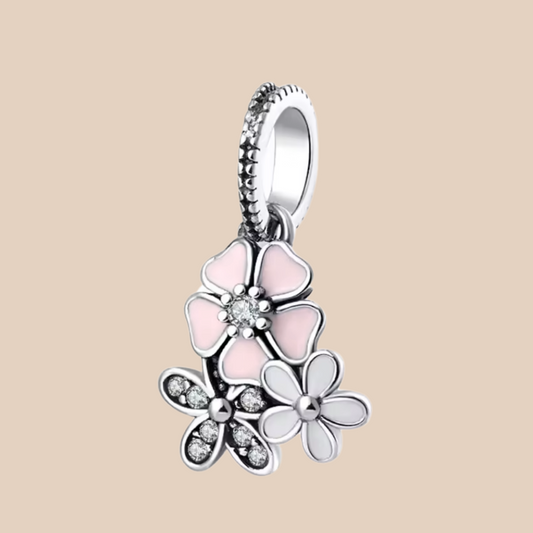 Charm tres flores plata, rosa y blanco colgante