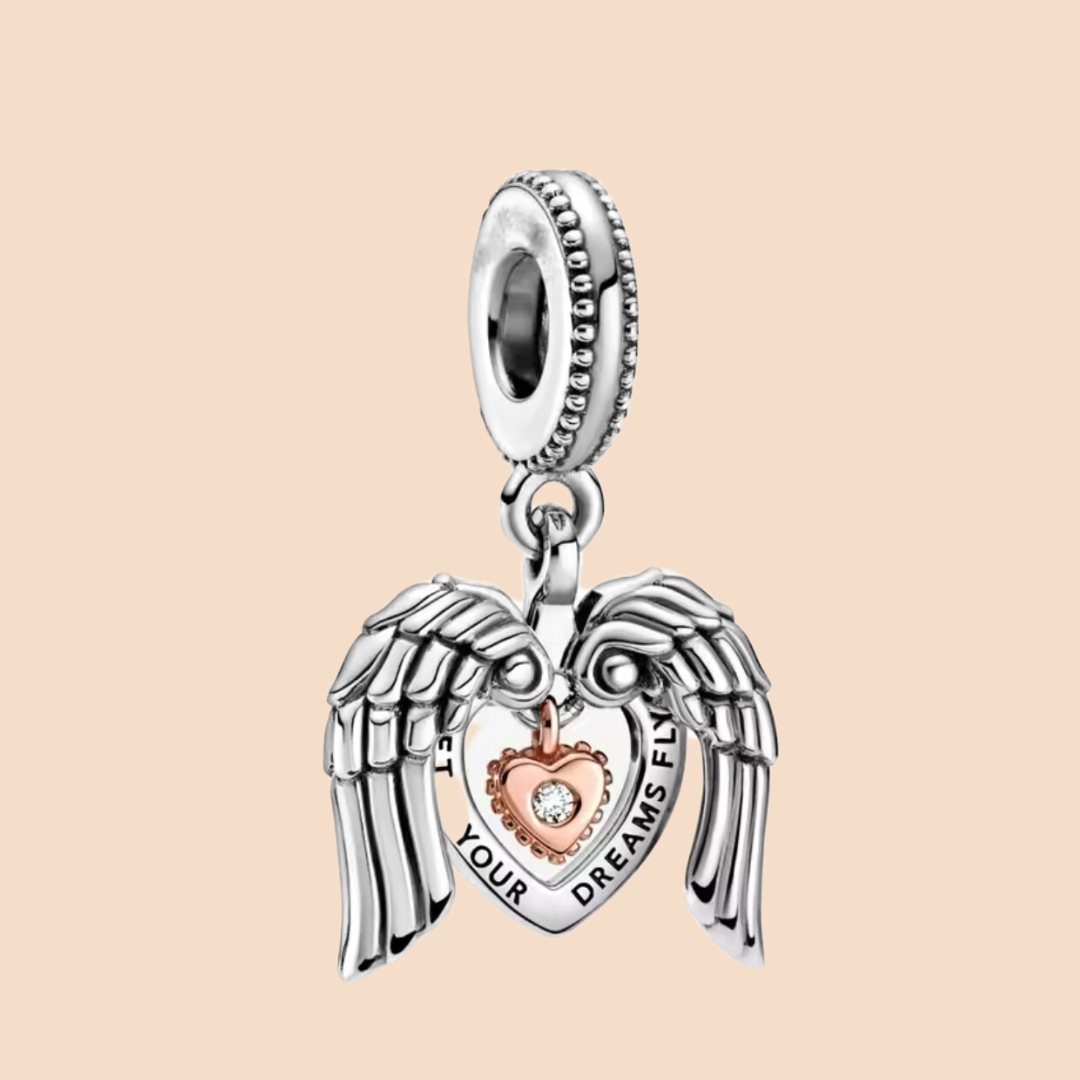 Charm corazón plata con alas de ángel leyenda let your dreams fly