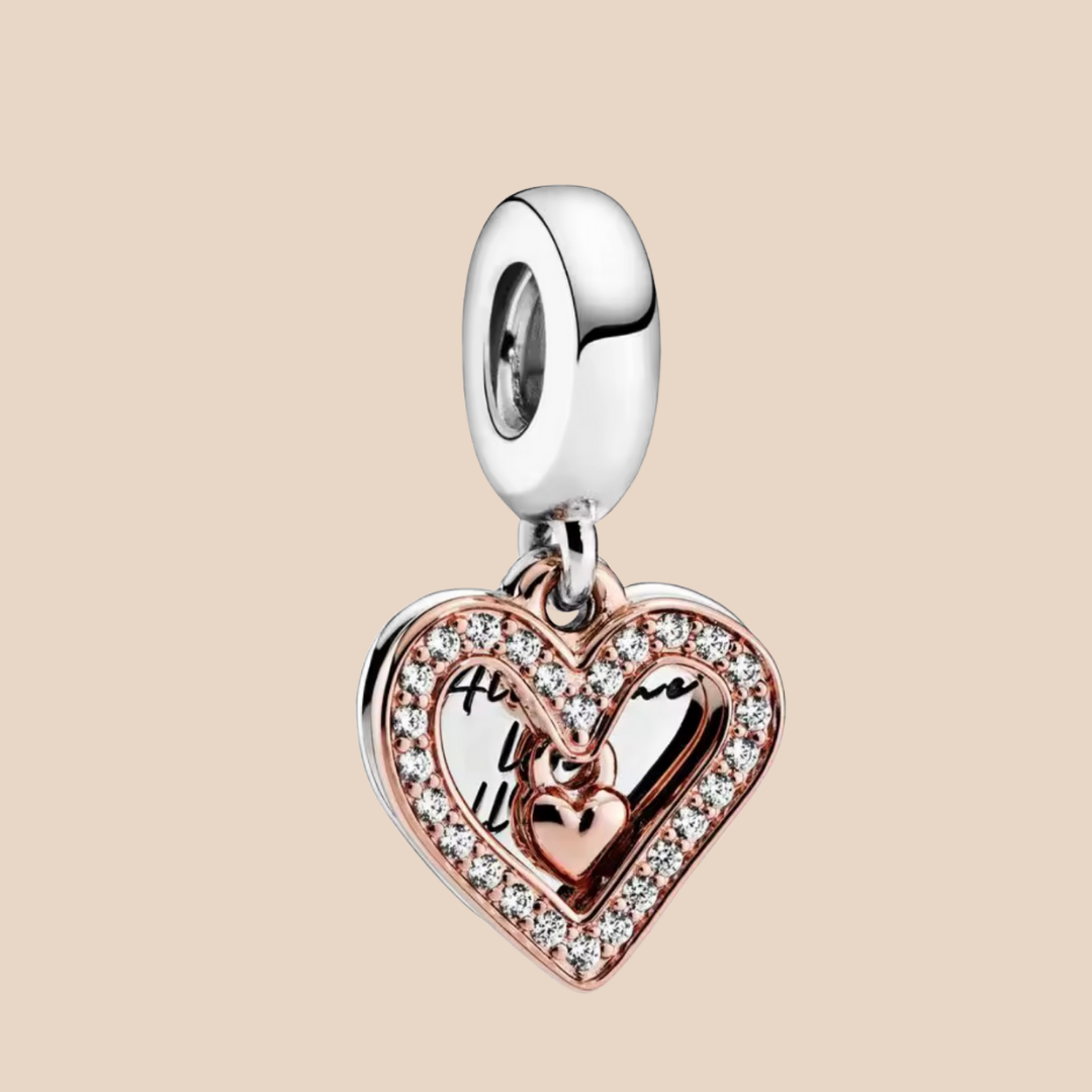 Charm corazón oro rosa con plata con corazón miniatura colgante leyenda "All of me loves all of you"