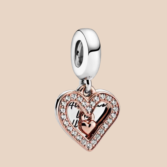Charm corazón oro rosa con plata con corazón miniatura colgante leyenda "All of me loves all of you"