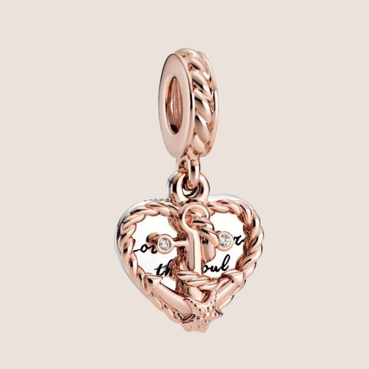 Charm corazón con ancla plata con oro rosa Leyenda "Love anchors the soul"