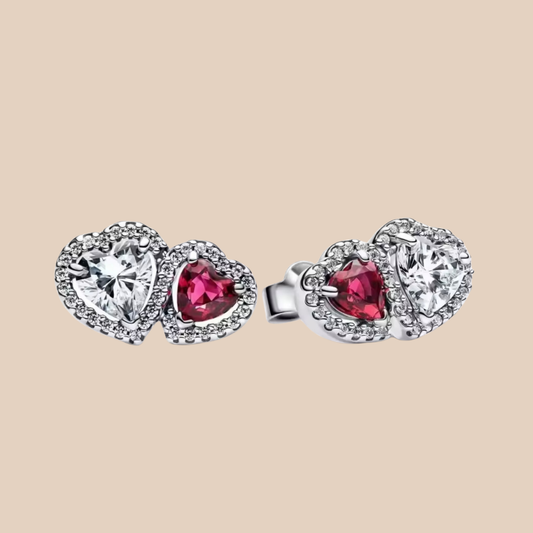 Aretes dos corazones rojo y plata